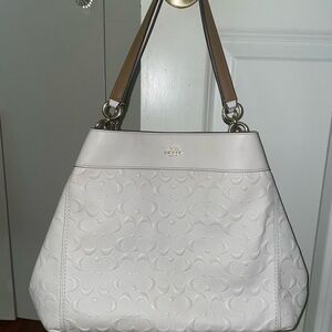 Coach White and Tan Shoulder Bag with Signature Embossed Leather